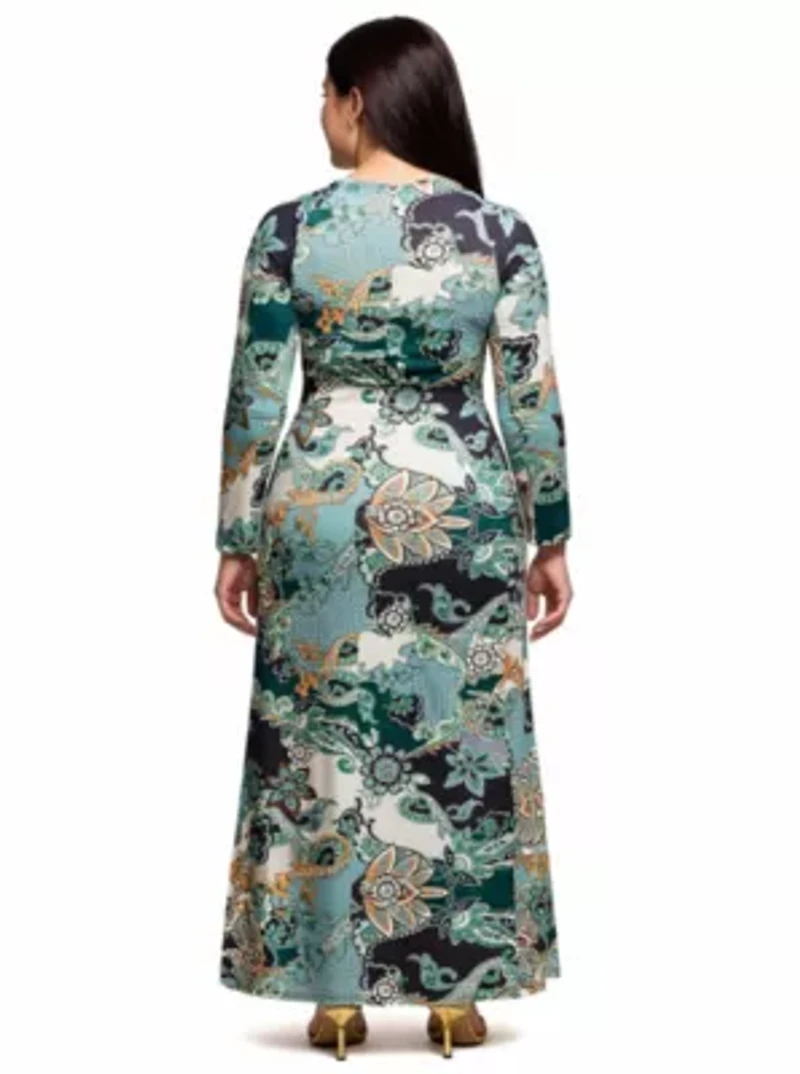 Womens Plus Green Paisley Print Long Sleeve Side Slit Maxi Dress