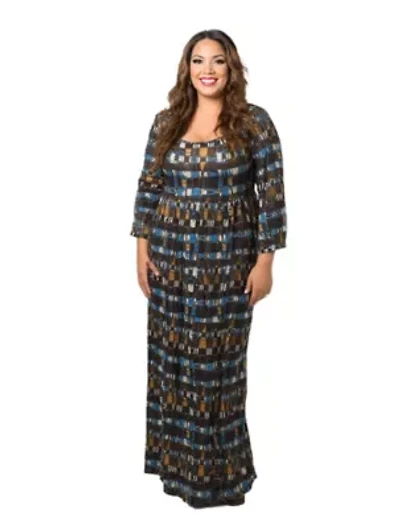 Womens Plus Brown Geometric Print Long Sleeve Empire Waist Maxi Dress