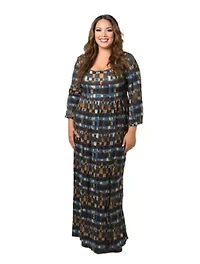 Womens Plus Brown Geometric Print Long Sleeve Empire Waist Maxi Dress