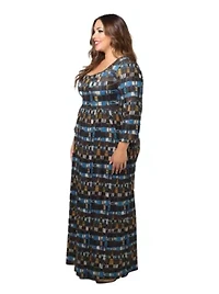 Womens Plus Brown Geometric Print Long Sleeve Empire Waist Maxi Dress