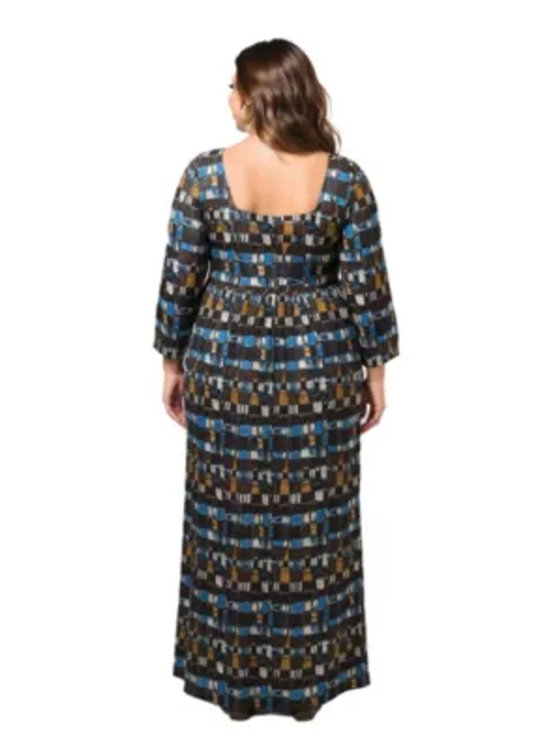 Womens Plus Brown Geometric Print Long Sleeve Empire Waist Maxi Dress