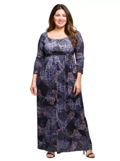 Womens Plus Long Sleeve Empire Waist Maxi Dress Grey Print