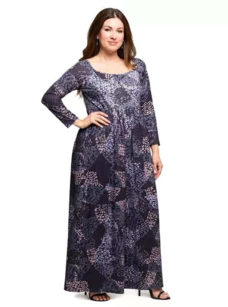 Womens Plus Long Sleeve Empire Waist Maxi Dress Grey Print