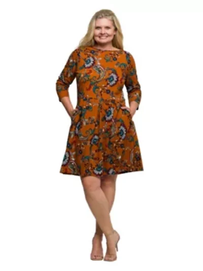 Womens Plus Rust Paisley Print Fit Flare Knee Length Dress