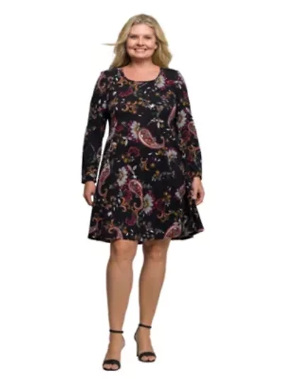 Womens Plus Black Paisley Print Long Sleeve Fit and Flare Dress