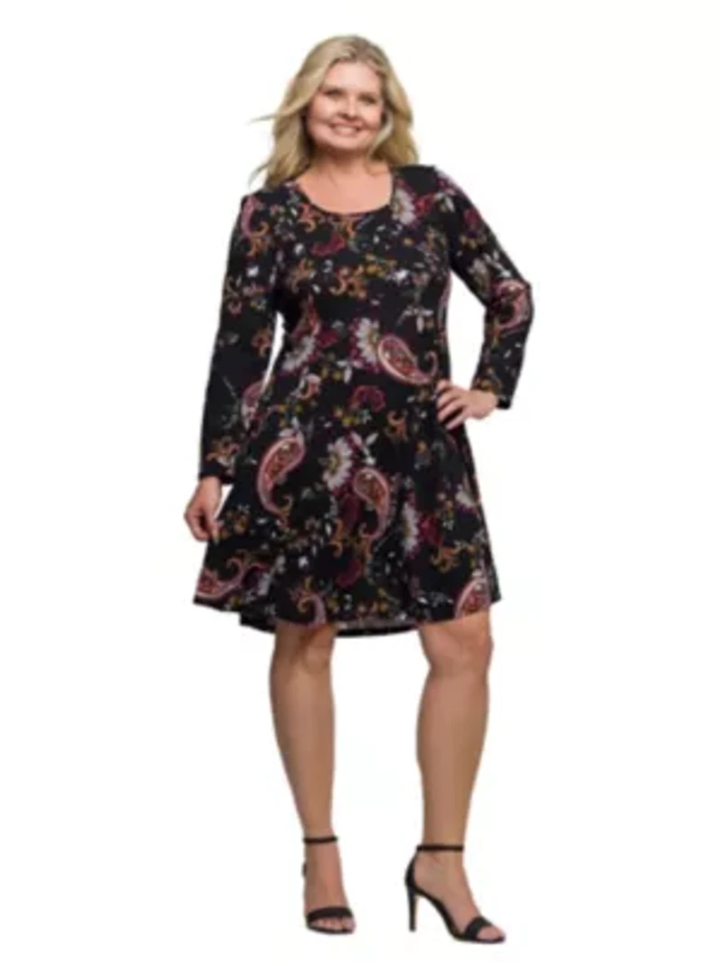 Womens Plus Black Paisley Print Long Sleeve Fit and Flare Dress