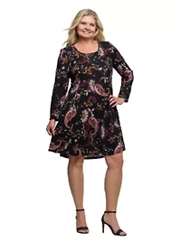 Womens Plus Black Paisley Print Long Sleeve Fit and Flare Dress