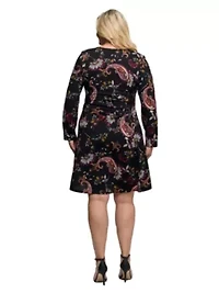 Womens Plus Black Paisley Print Long Sleeve Fit and Flare Dress