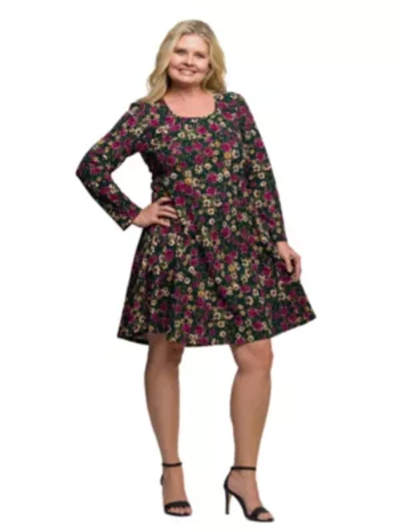 Womens Plus Floral Print Long Sleeve Fit and Flare Mini Dress