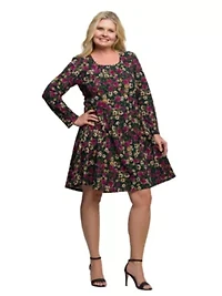 Womens Plus Floral Print Long Sleeve Fit and Flare Mini Dress