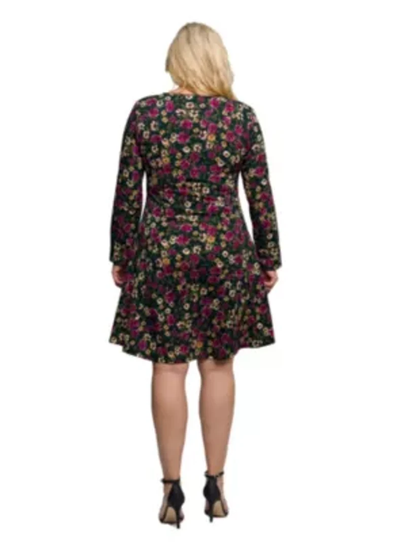 Womens Plus Floral Print Long Sleeve Fit and Flare Mini Dress