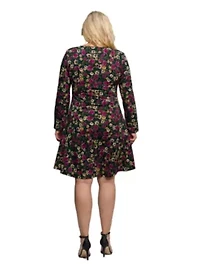 Womens Plus Floral Print Long Sleeve Fit and Flare Mini Dress