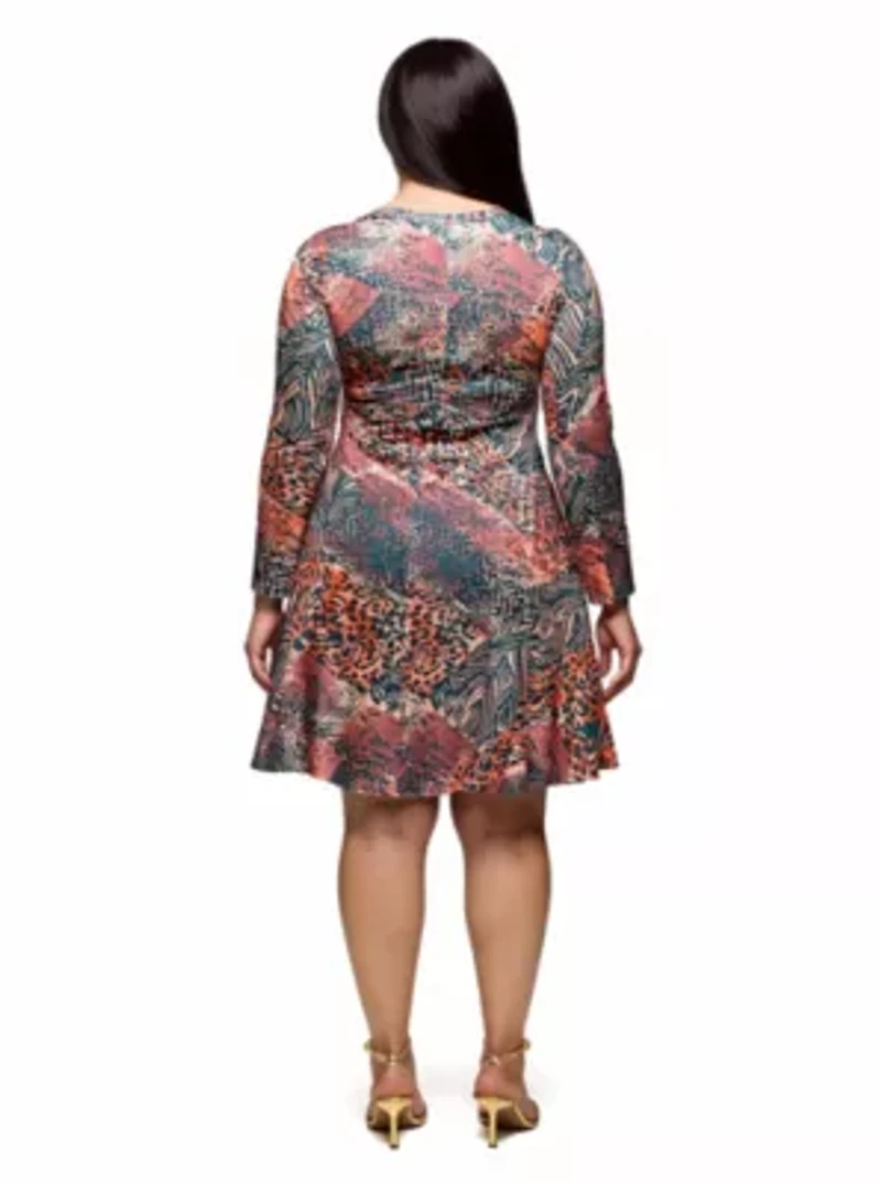 Womens Plus Long Sleeve Fit and Flare Dress Brown Multi Animal Print
