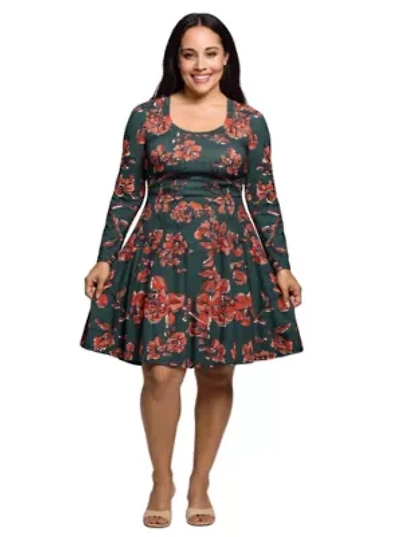 Womens Plus Long Sleeve Fit and Flare Dress Green Orange Floral Print