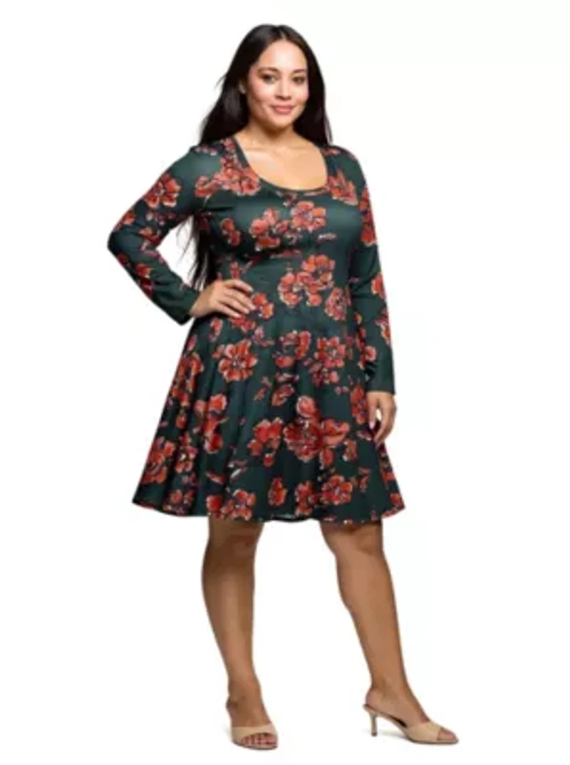 Womens Plus Long Sleeve Fit and Flare Dress Green Orange Floral Print