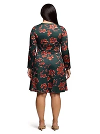 Womens Plus Long Sleeve Fit and Flare Dress Green Orange Floral Print