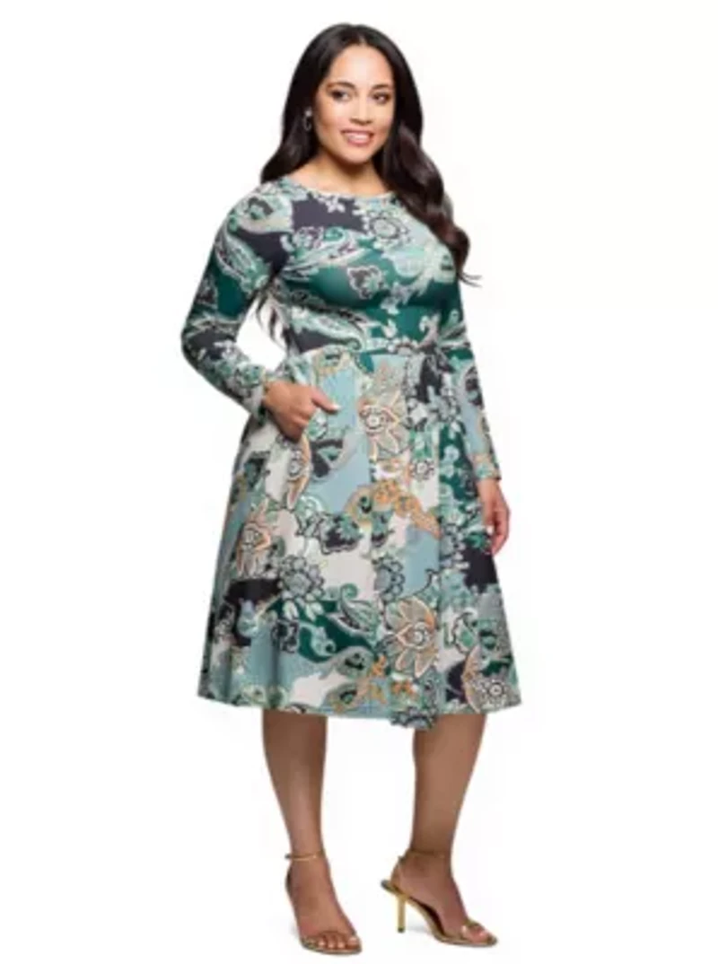Womens Plus Long Sleeve Midi Dress Teal Paisley Floral Print