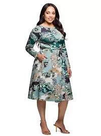 Womens Plus Long Sleeve Midi Dress Teal Paisley Floral Print