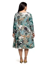 Womens Plus Long Sleeve Midi Dress Teal Paisley Floral Print