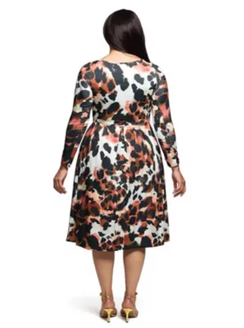 Womens Plus Long Sleeve Midi Dress Animal Print