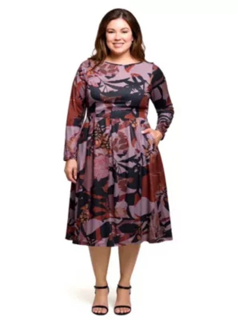 Womens Plus Long Sleeve Midi Dress Brown Floral Print