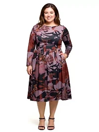 Womens Plus Long Sleeve Midi Dress Brown Floral Print
