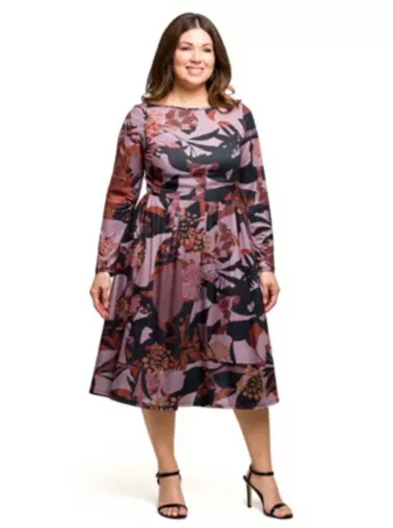 Womens Plus Long Sleeve Midi Dress Brown Floral Print