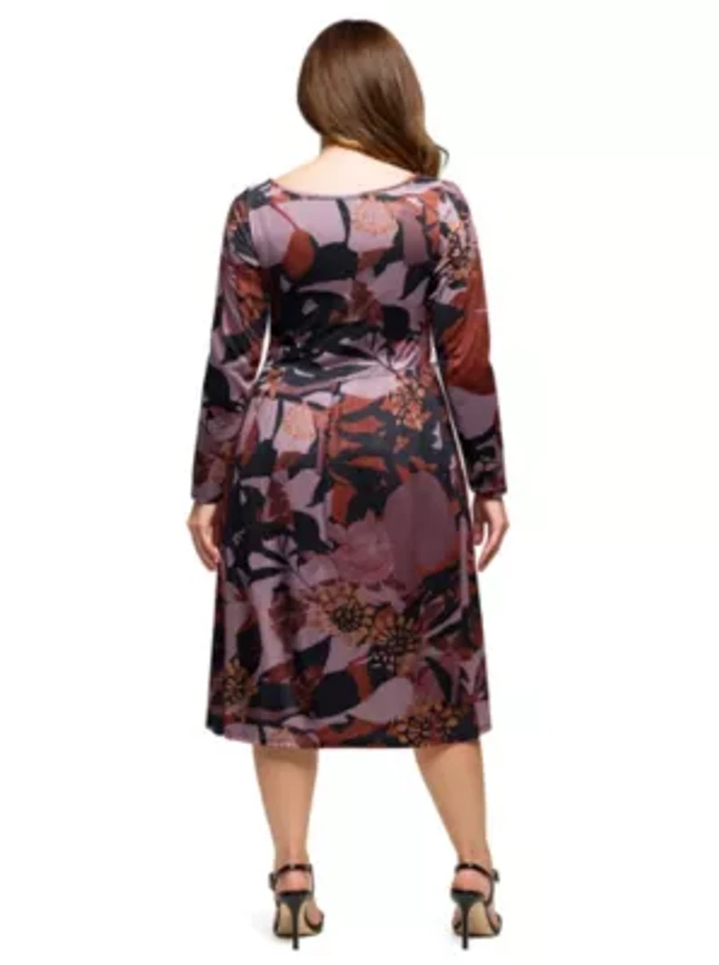 Womens Plus Long Sleeve Midi Dress Brown Floral Print