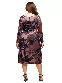 Womens Plus Long Sleeve Midi Dress Brown Floral Print