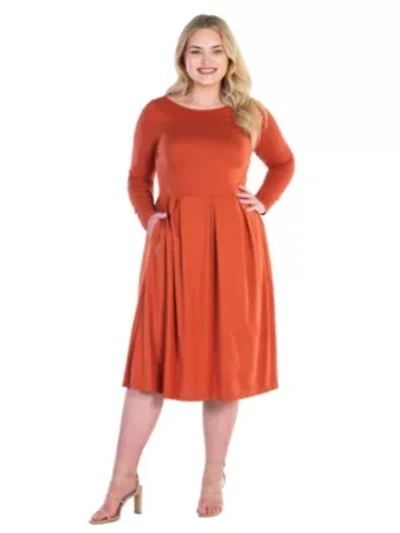 24seven Comfort Apparel Long Sleeve Fit and Flare Plus Midi Dress
