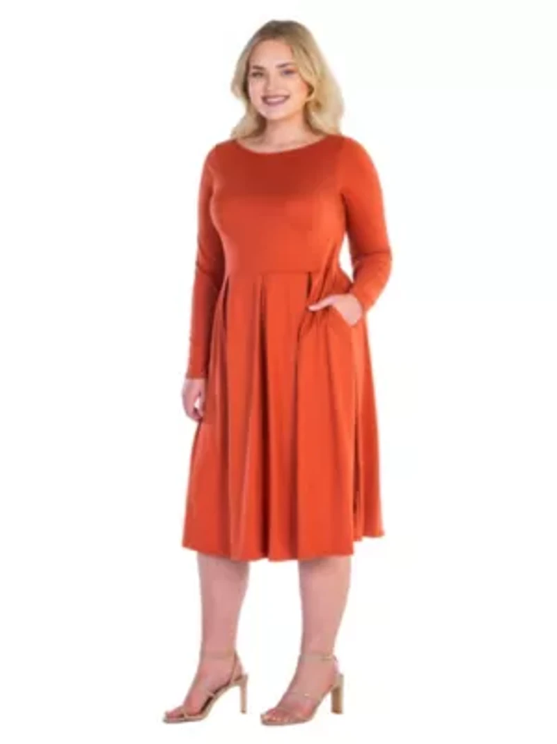 24seven Comfort Apparel Long Sleeve Fit and Flare Plus Midi Dress