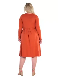 24seven Comfort Apparel Long Sleeve Fit and Flare Plus Midi Dress