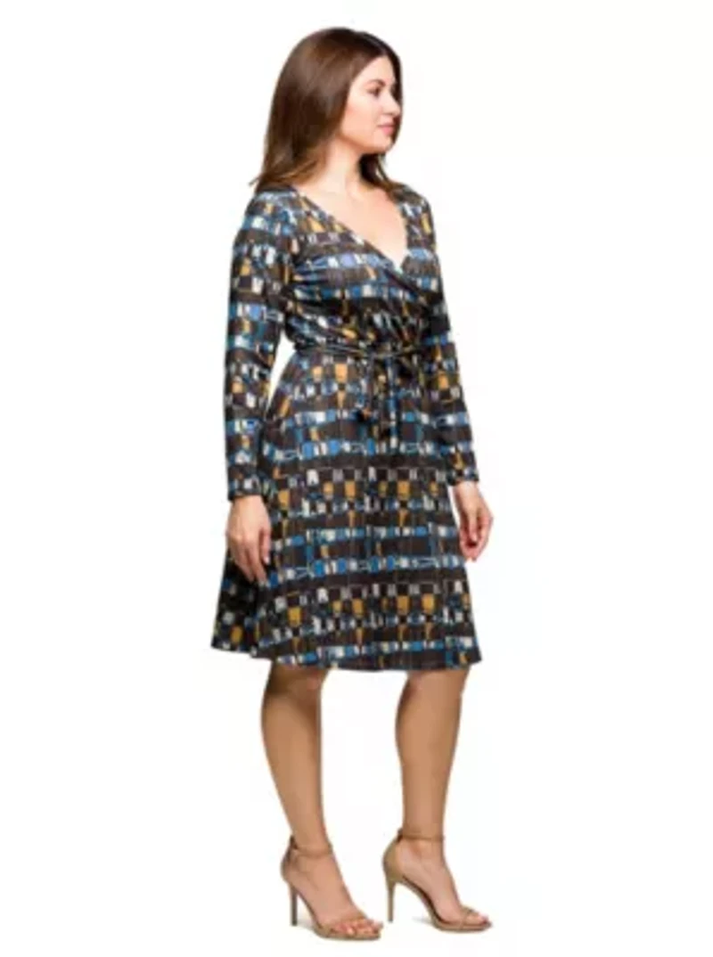 Womens Plus Long Sleeve Wrap Dress with Belt Brown Blue Geometric Print