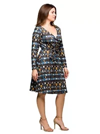 Womens Plus Long Sleeve Wrap Dress with Belt Brown Blue Geometric Print