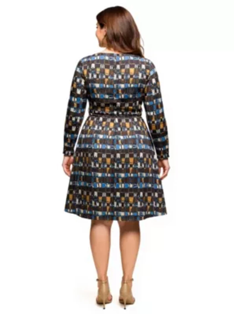 Womens Plus Long Sleeve Wrap Dress with Belt Brown Blue Geometric Print
