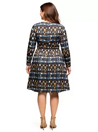 Womens Plus Long Sleeve Wrap Dress with Belt Brown Blue Geometric Print