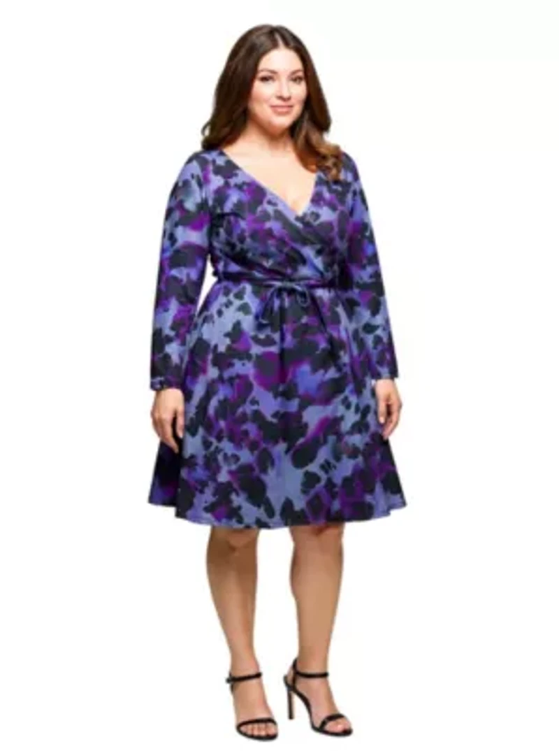 Womens Plus Long Sleeve Wrap Dress with Belt Purple Black Print