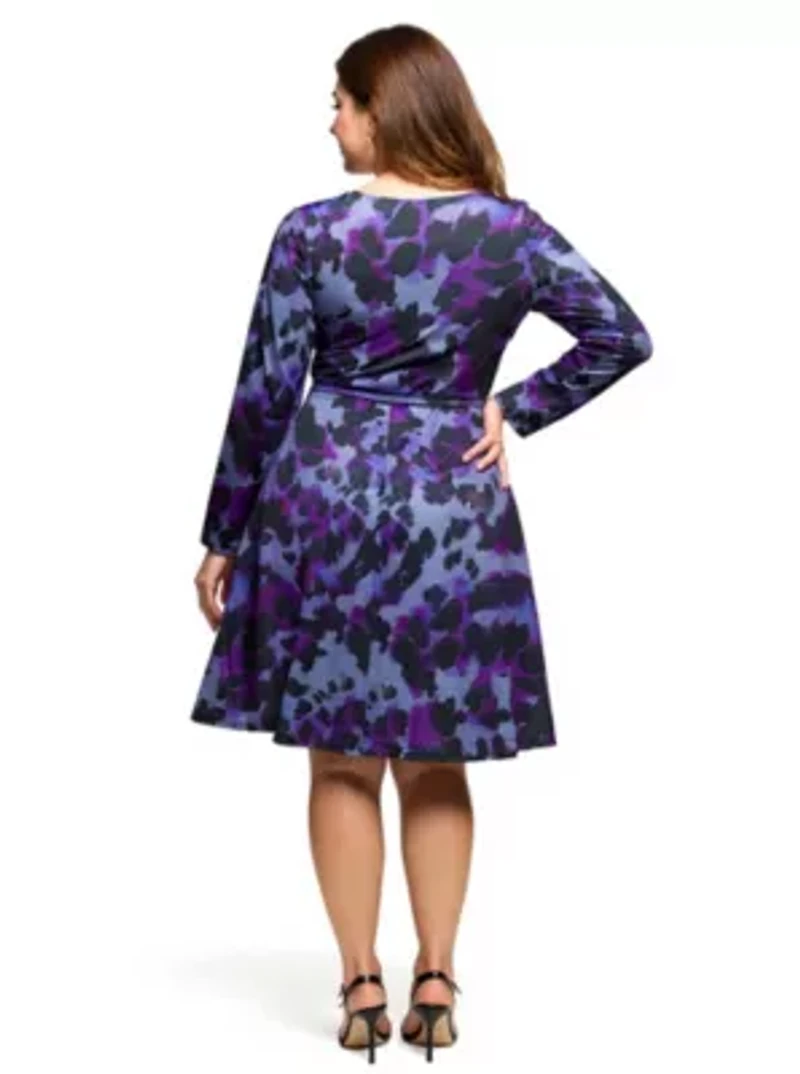 Womens Plus Long Sleeve Wrap Dress with Belt Purple Black Print