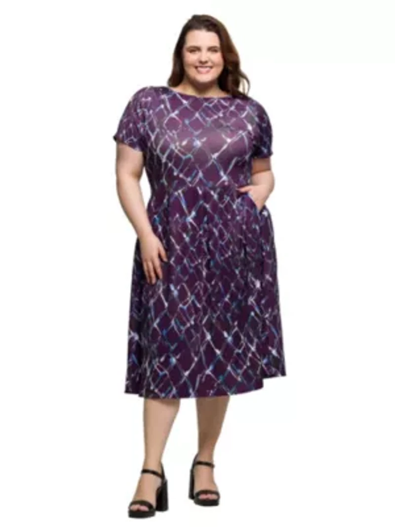 Plus Purple Print Short Sleeve Pleated Flare Midi Pocket Dress