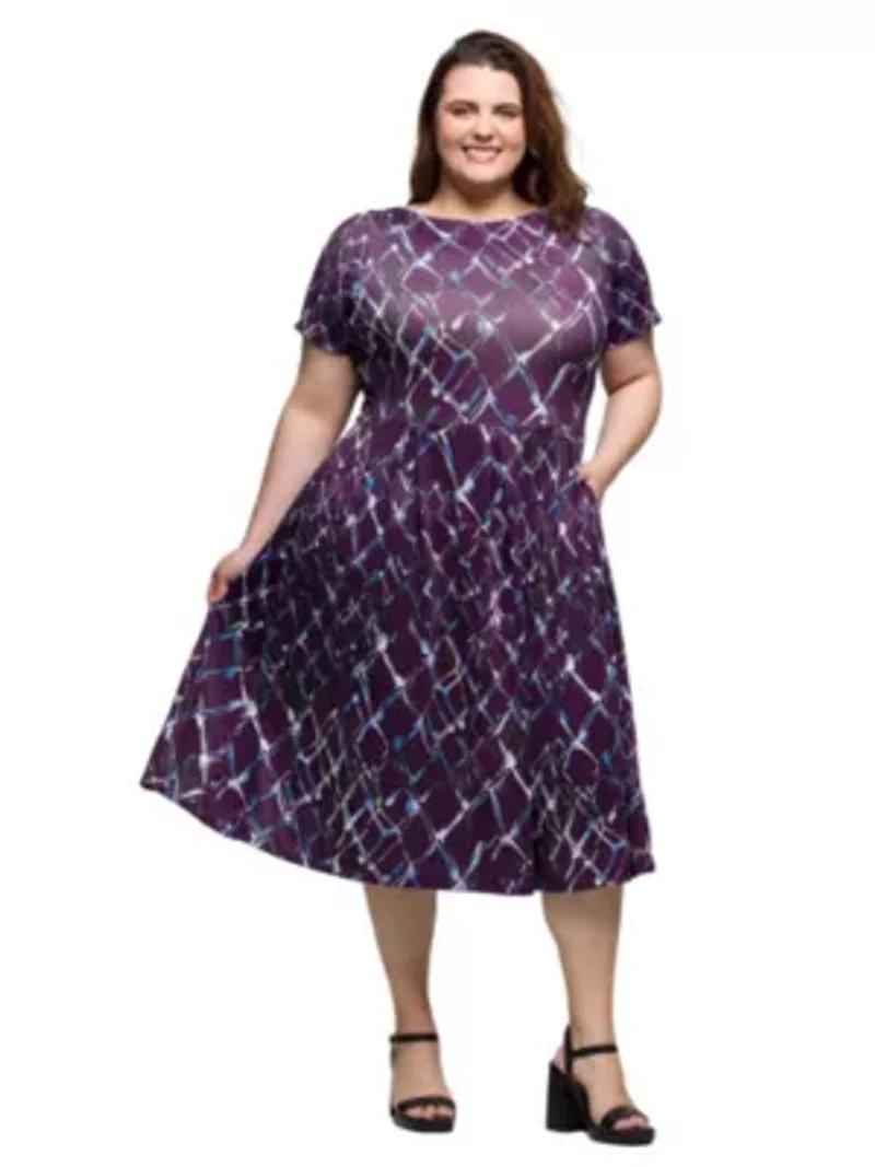 Plus Purple Print Short Sleeve Pleated Flare Midi Pocket Dress