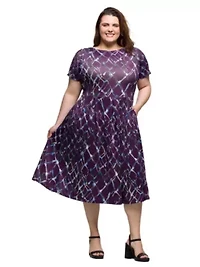 Plus Purple Print Short Sleeve Pleated Flare Midi Pocket Dress
