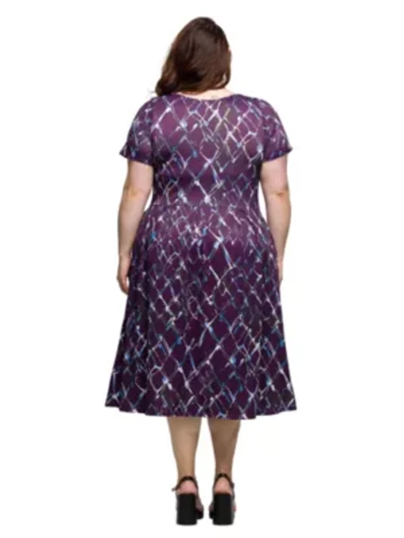 Plus Purple Print Short Sleeve Pleated Flare Midi Pocket Dress