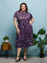 Plus Purple Print Short Sleeve Pleated Flare Midi Pocket Dress