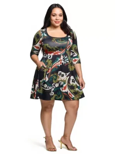 Womens Plus Three Quarter Sleeve Fit and Flare Dress Green Multi Paisley Print