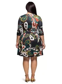 Womens Plus Three Quarter Sleeve Fit and Flare Dress Green Multi Paisley Print