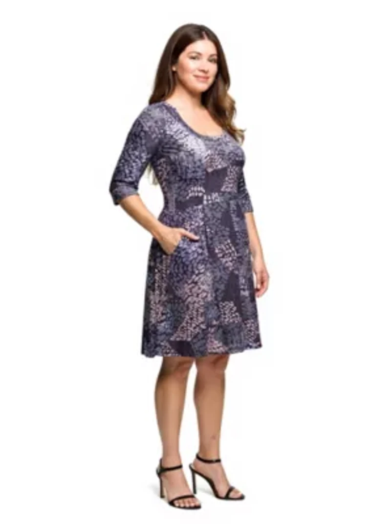 Womens Plus Three Quarter Sleeve Fit and Flare Dress Grey Print