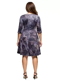 Womens Plus Three Quarter Sleeve Fit and Flare Dress Grey Print