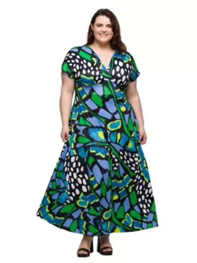 Plus Blue Butterfly Print V Neck Empire Waist Cap Sleeve Maxi Dress