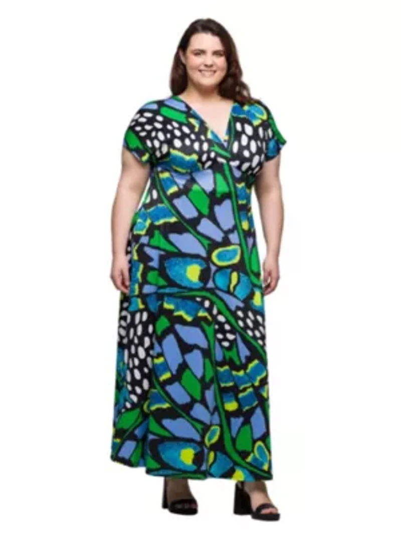 Plus Blue Butterfly Print V Neck Empire Waist Cap Sleeve Maxi Dress