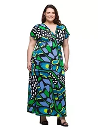 Plus Blue Butterfly Print V Neck Empire Waist Cap Sleeve Maxi Dress